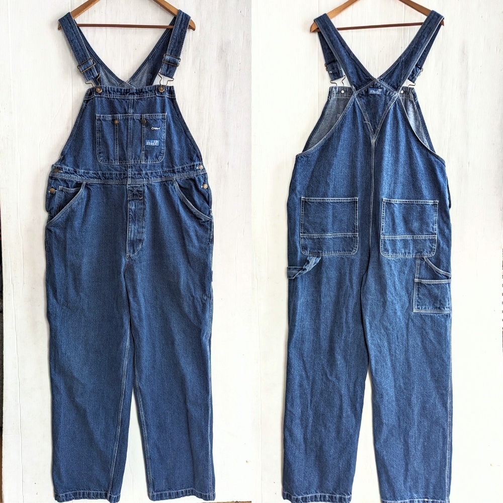Rural King BRAND men's blue denim carpenter bib overalls size 44 x 32